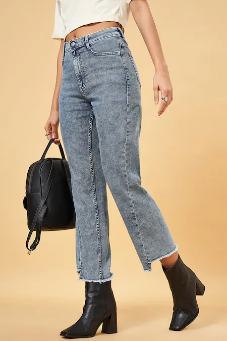 Light Blue Solid Full Length High Rise Casual Women Straight Fit Jeans